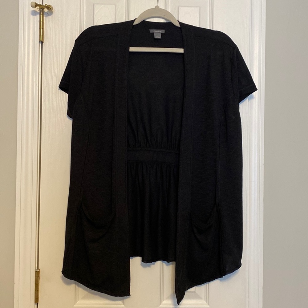 Eddie Bauer Cardigan Black Open Front Short Sleeve size Large, back cinched